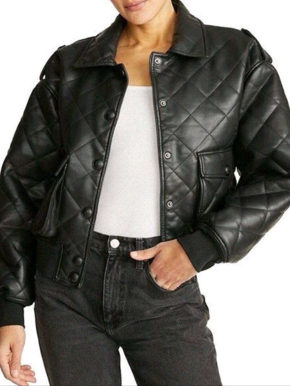 REBECCA MINKOFF Black Diamond Quilted Faux Leather Bomber Jacket Size Medium